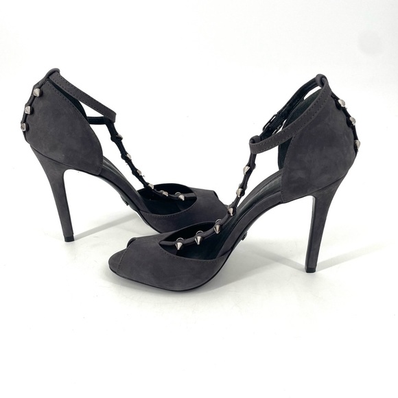 Schutz NEW Benten Spiked Gray Suede Strappy Open Toe T Strap Dress Pump Heel - Picture 3 of 7